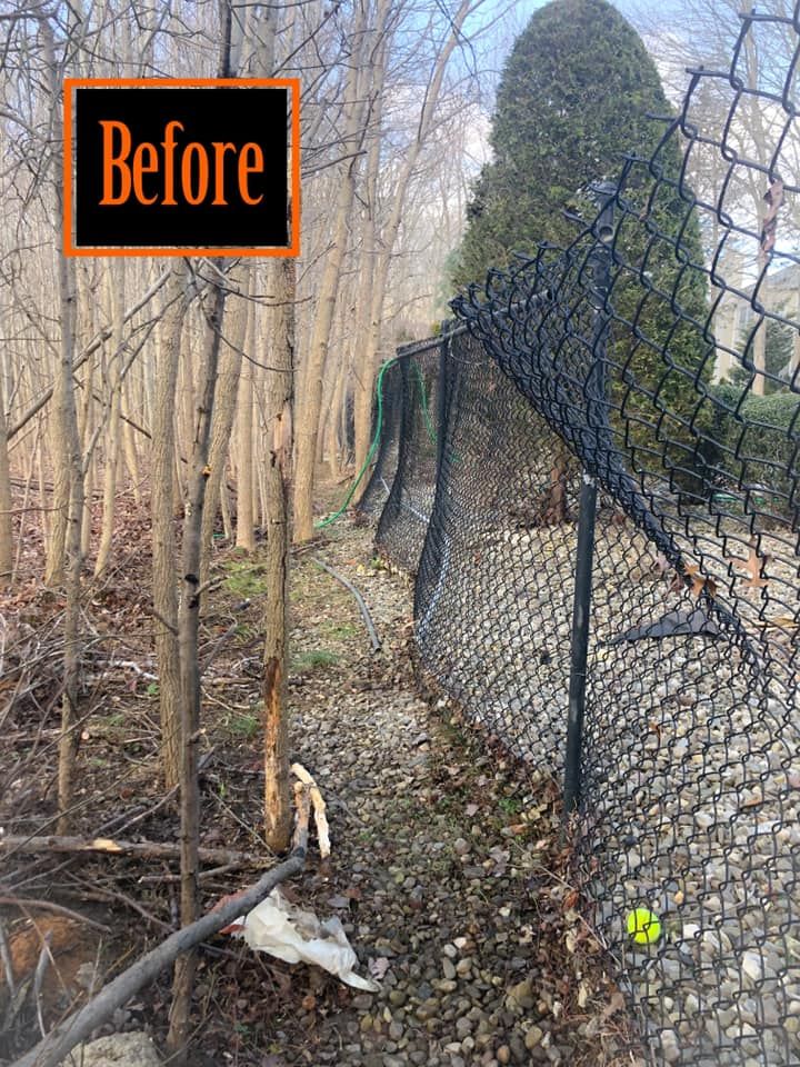 A before and after of a chain link fence in the woods