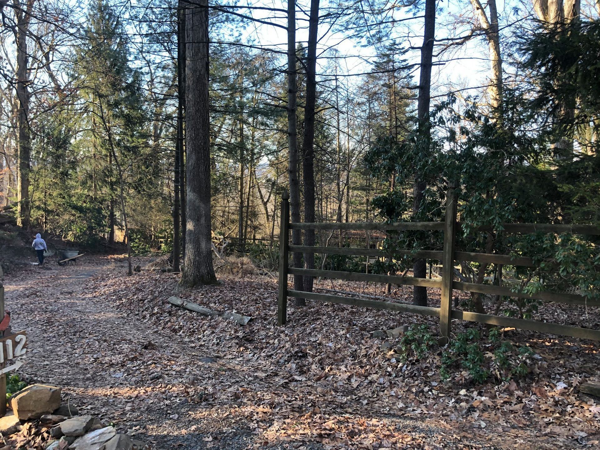 A person is walking down a path in the woods next to a wooden fence