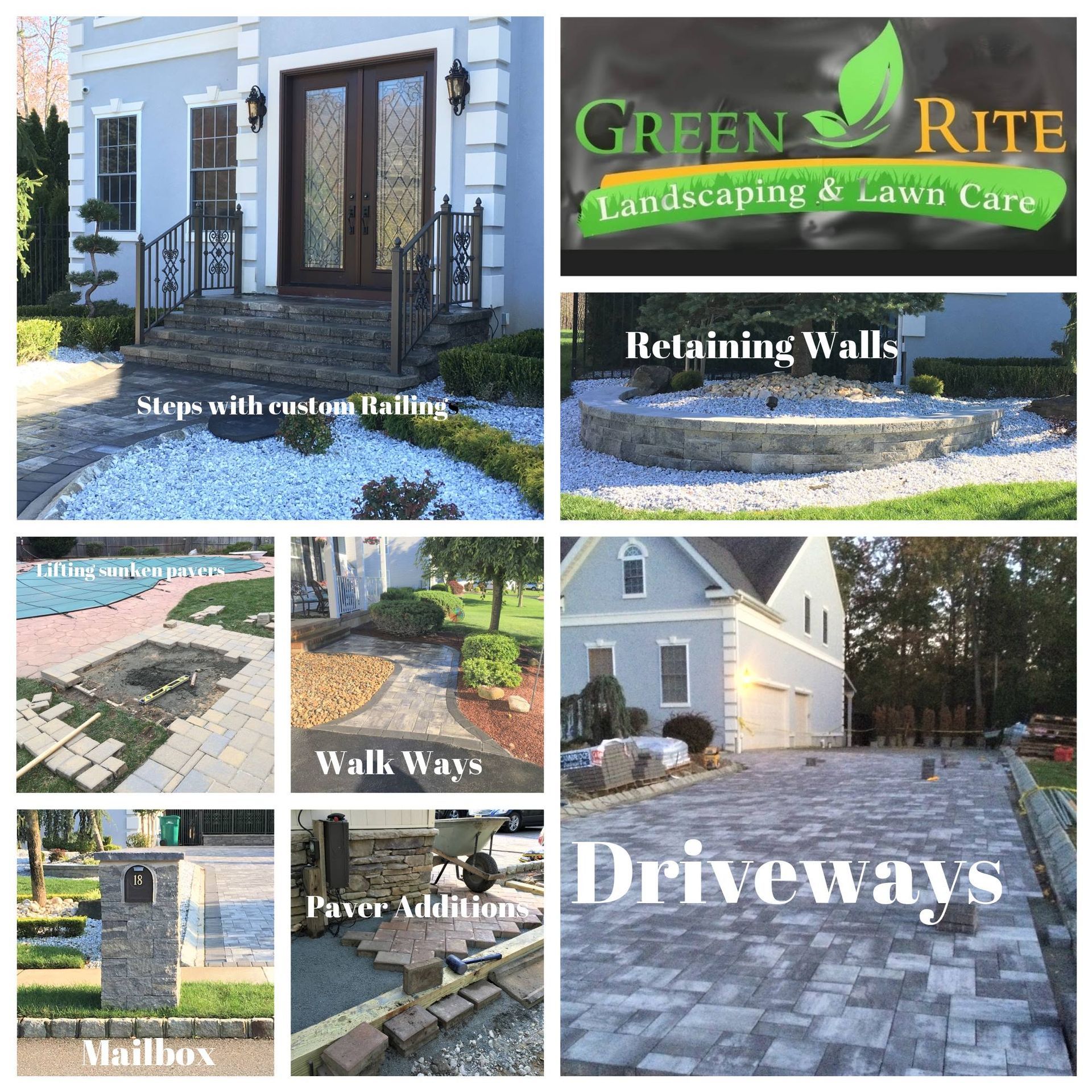 A collage of pictures of landscaping and lawn care by green rite