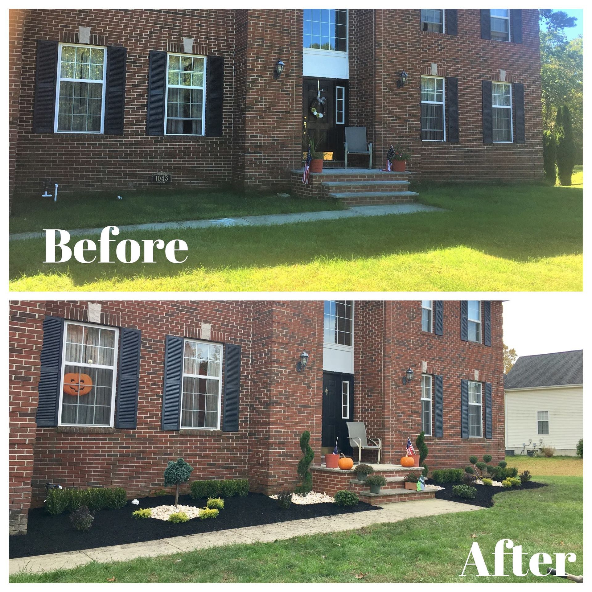 A before and after photo of a brick house