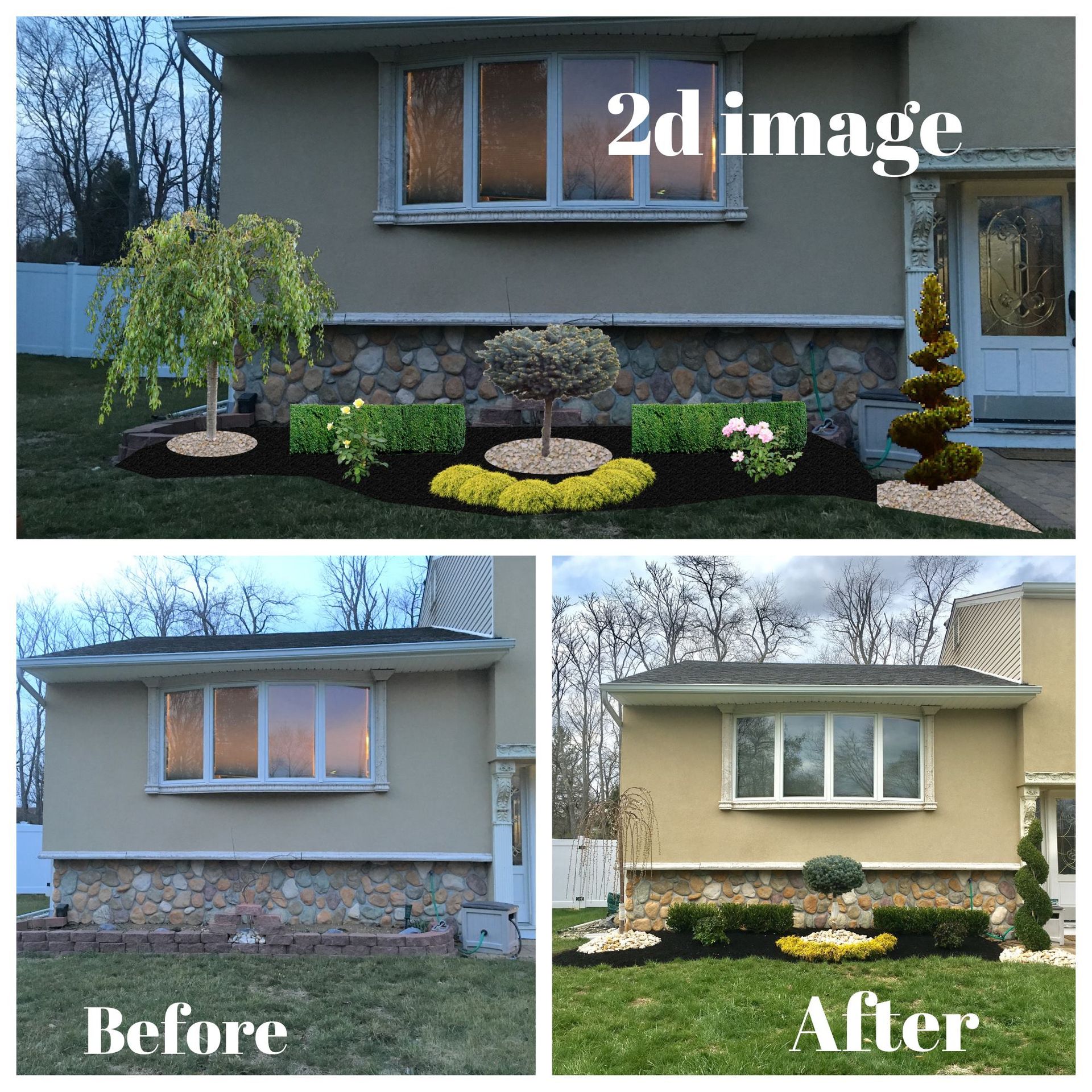 A before and after picture of a house with a 2d image