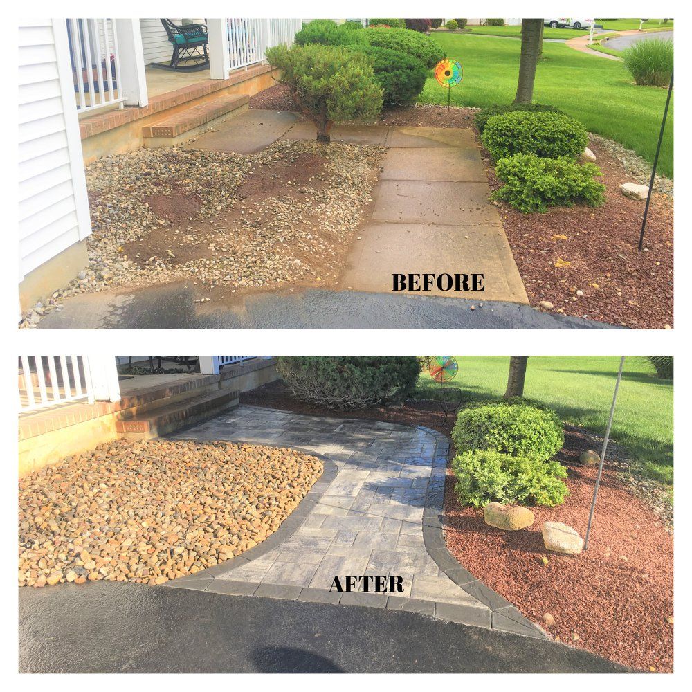 A before and after picture of a walkway in front of a house