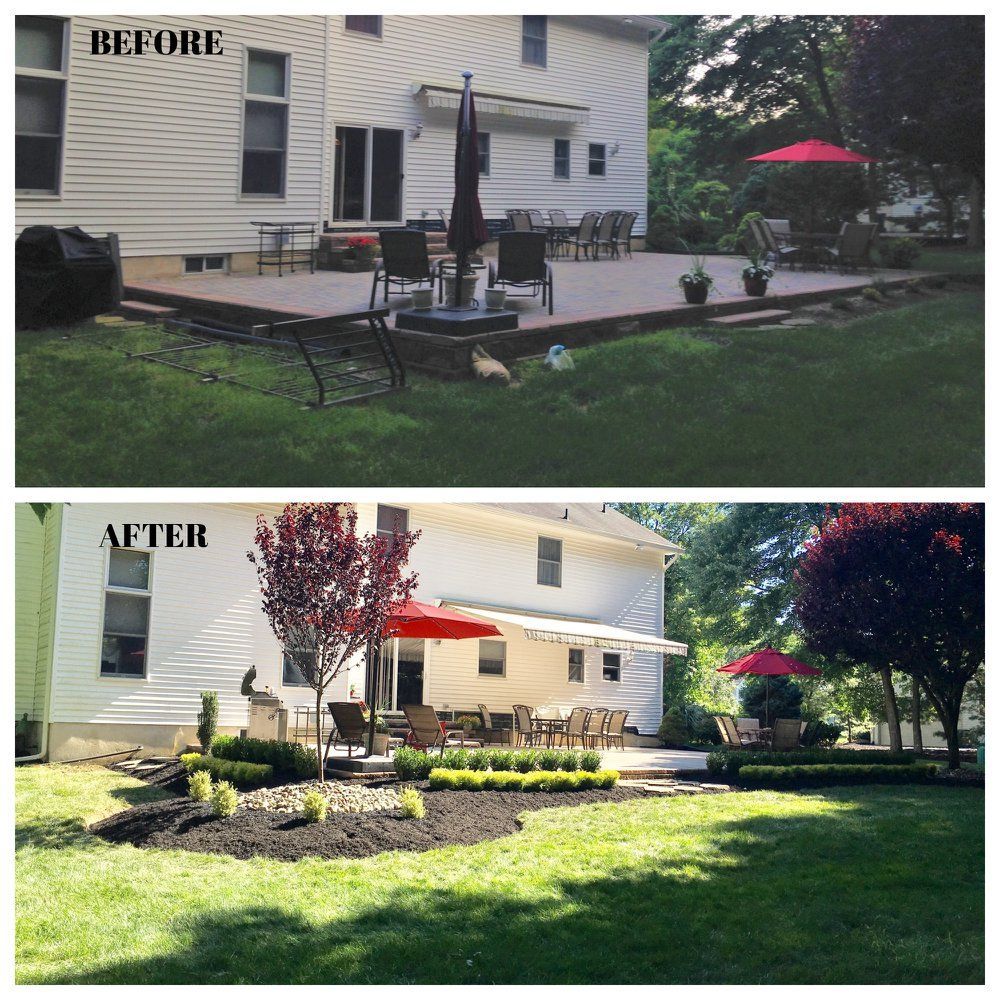 A before and after picture of a backyard