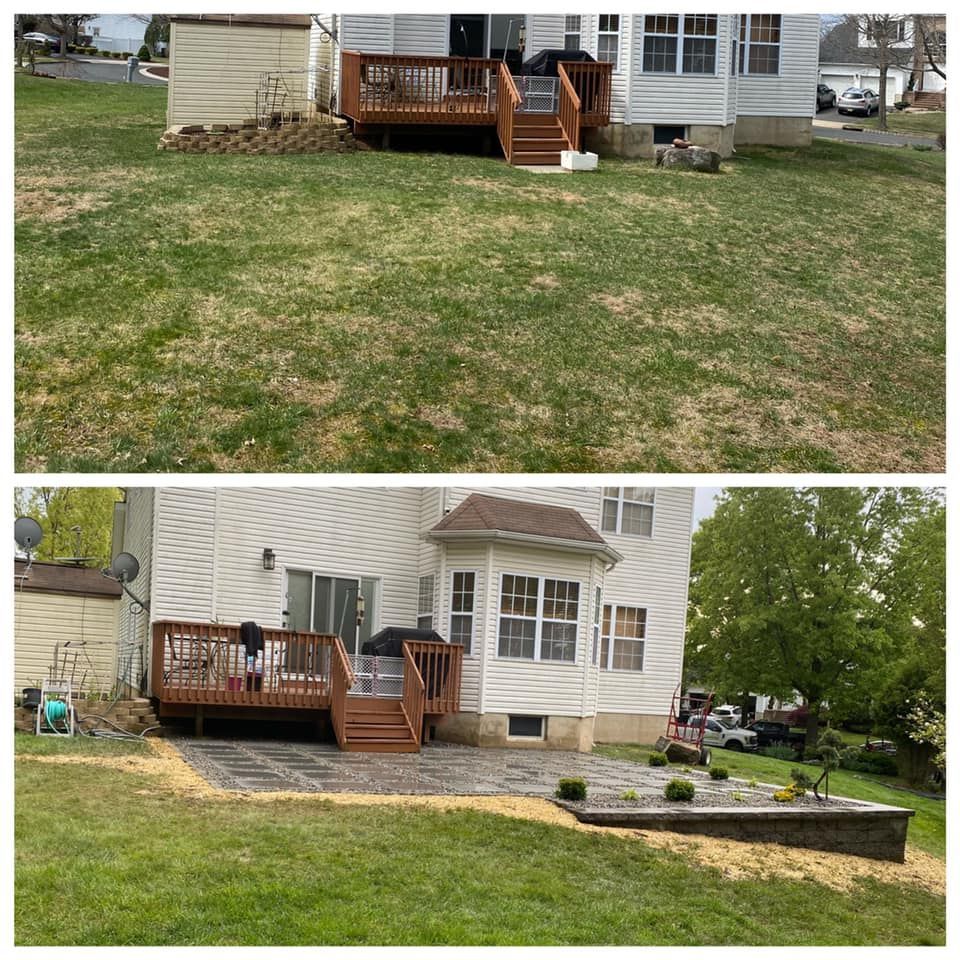 A before and after picture of a house with a deck and patio