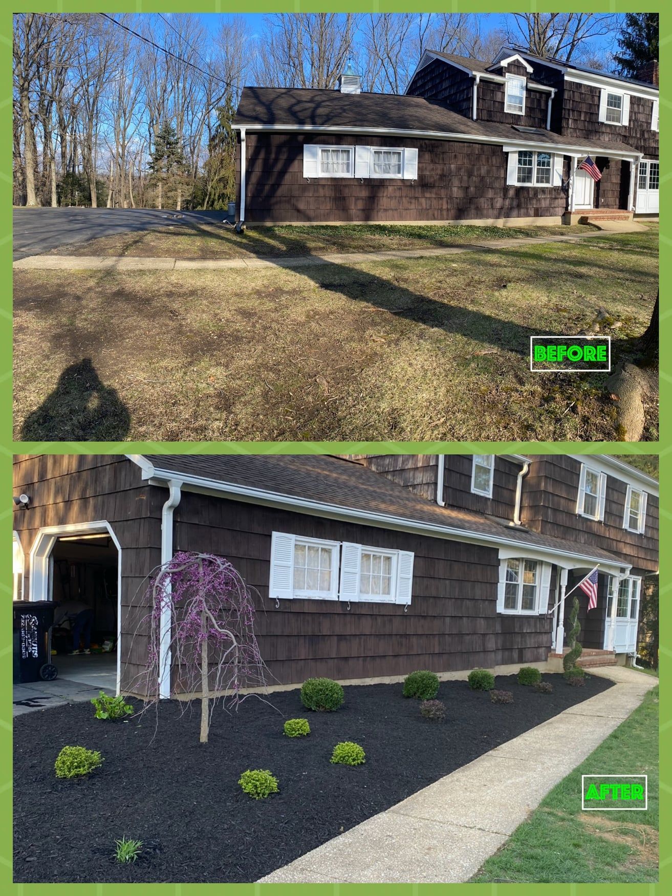 There is a before and after picture of a house.