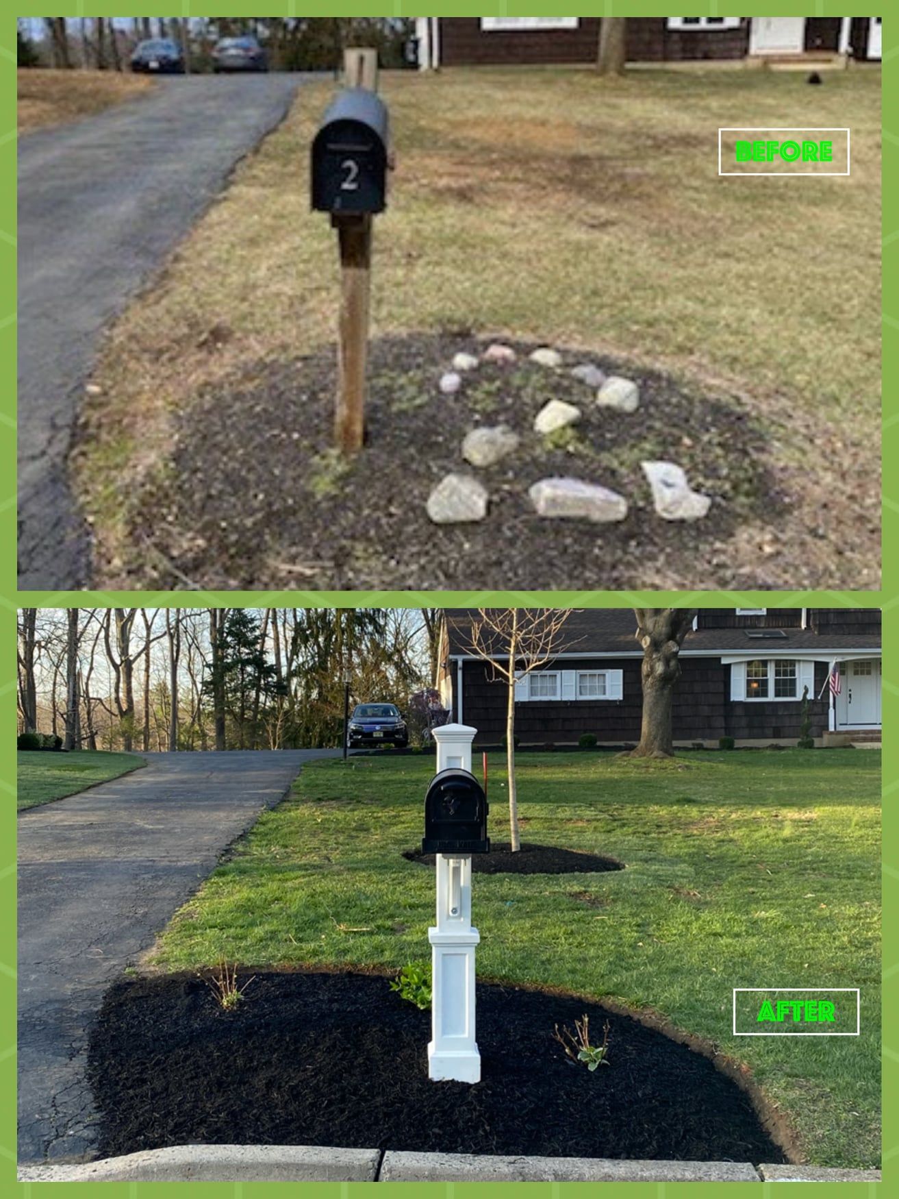 A before and after picture of a mailbox in a yard