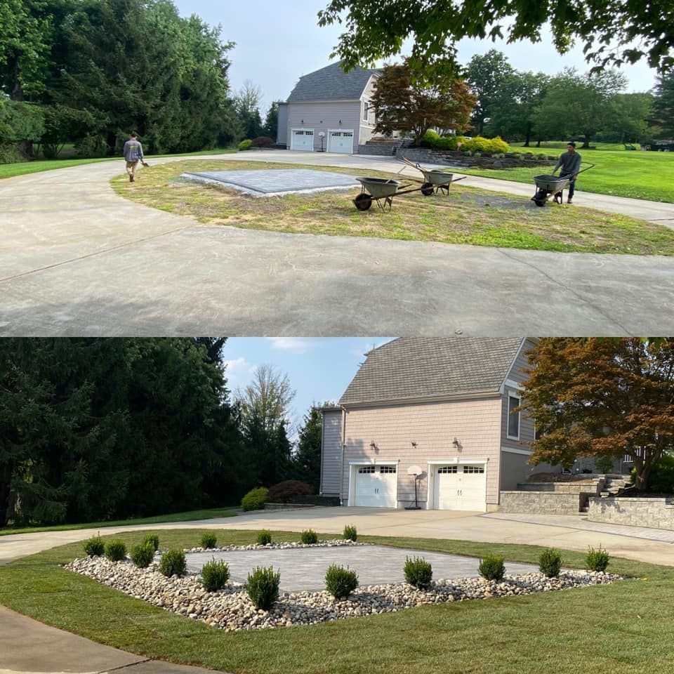 A before and after picture of a driveway and a house