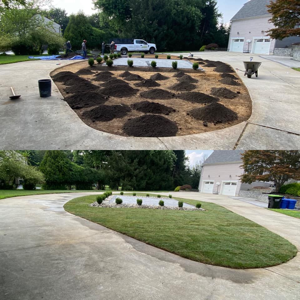 A before and after picture of a lawn being installed