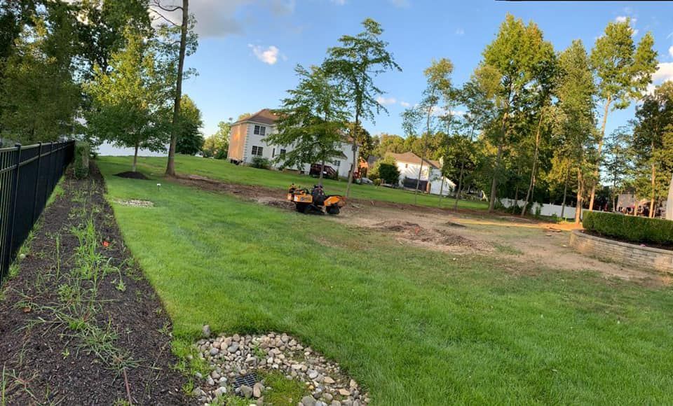 A large lawn with a tractor in the middle of it