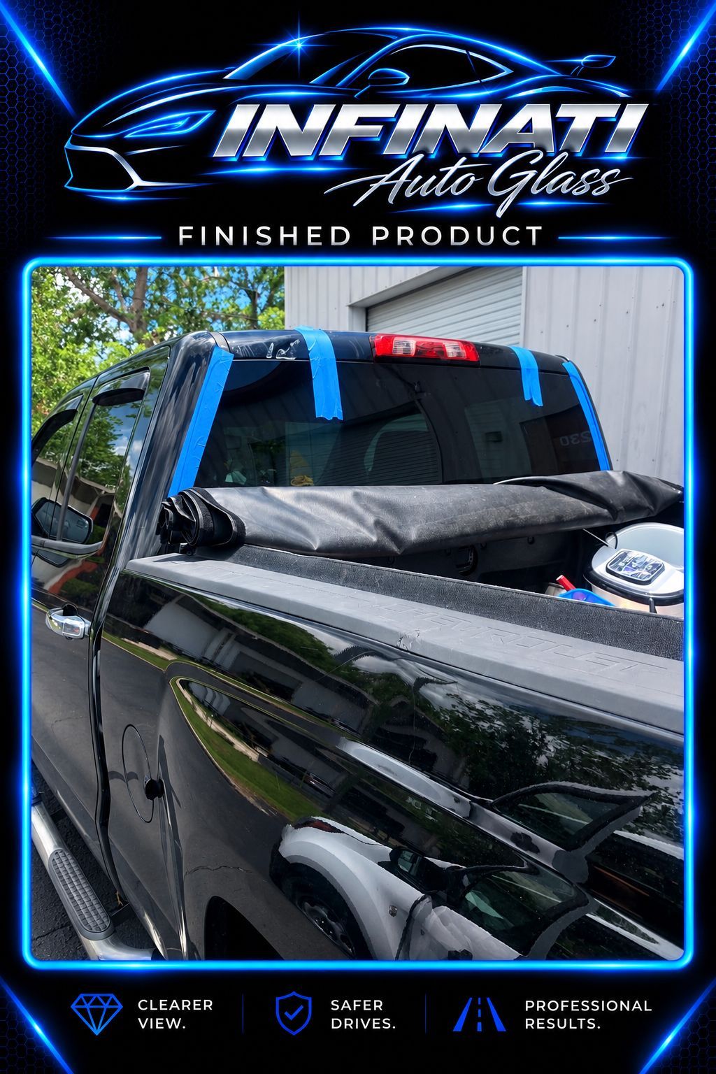 Black pickup with newly replaced rear window