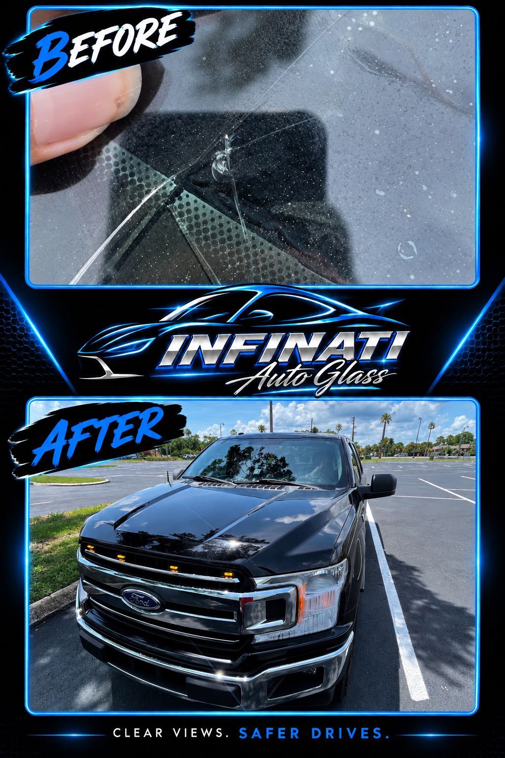 Before and after of a car windshield repair