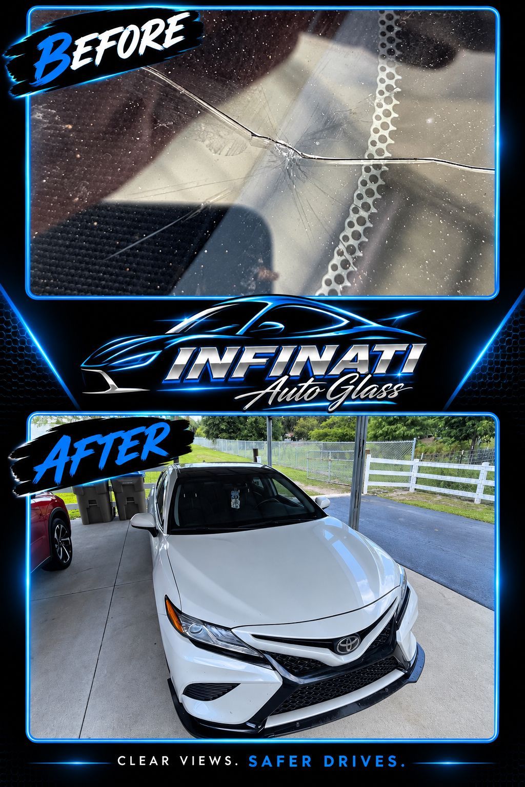 Before and after of a cracked windshield repair of a white sedan