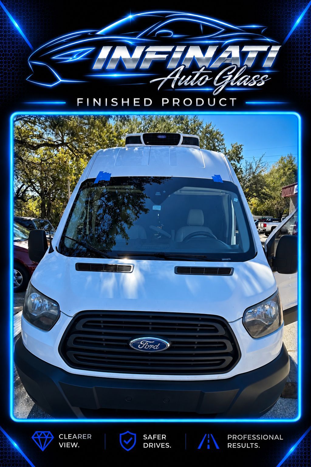 White Ford van with new windshield