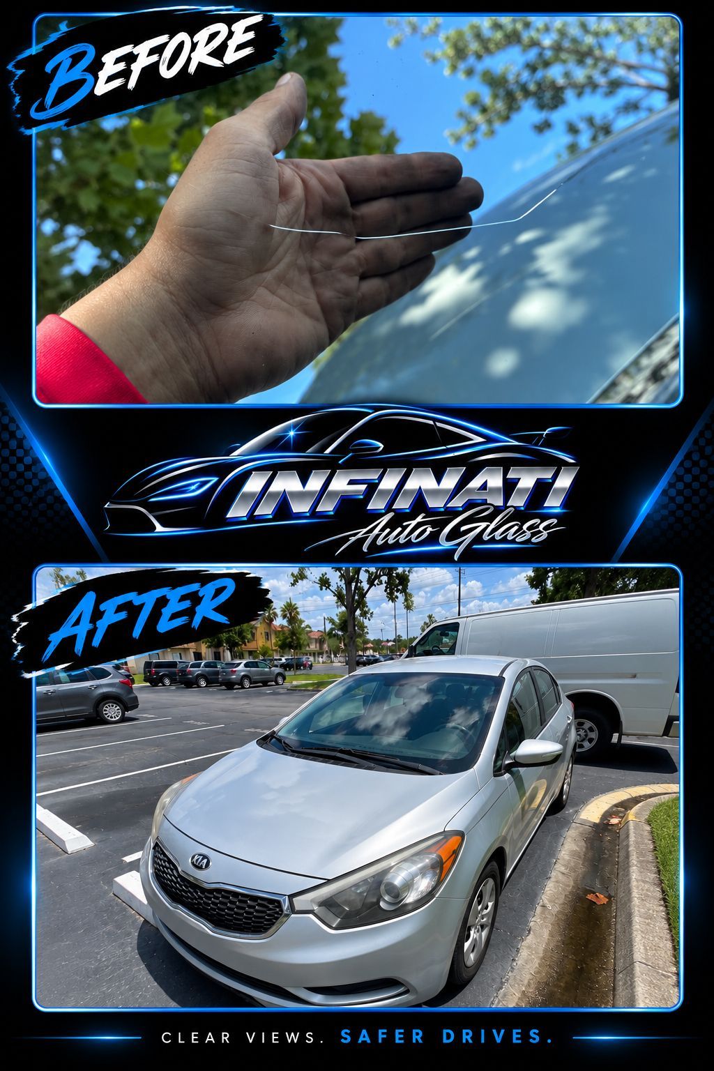 Before and after of a cracked windshield repair of a  gray sedan