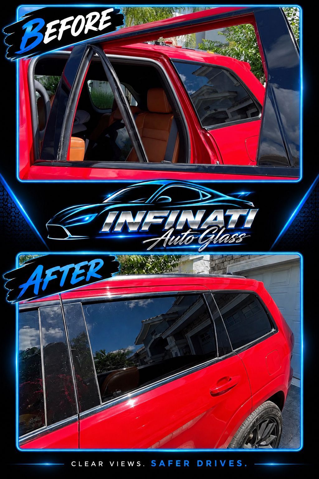 Before and after of a car window replacement