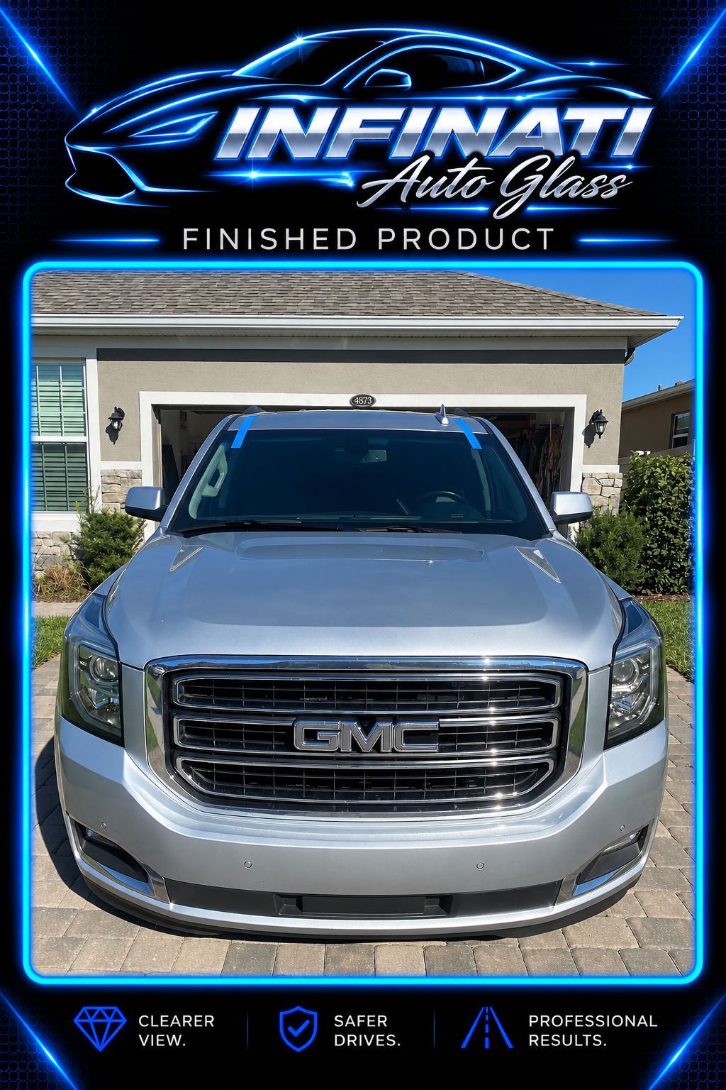 Silver GMC SUV with new windshield