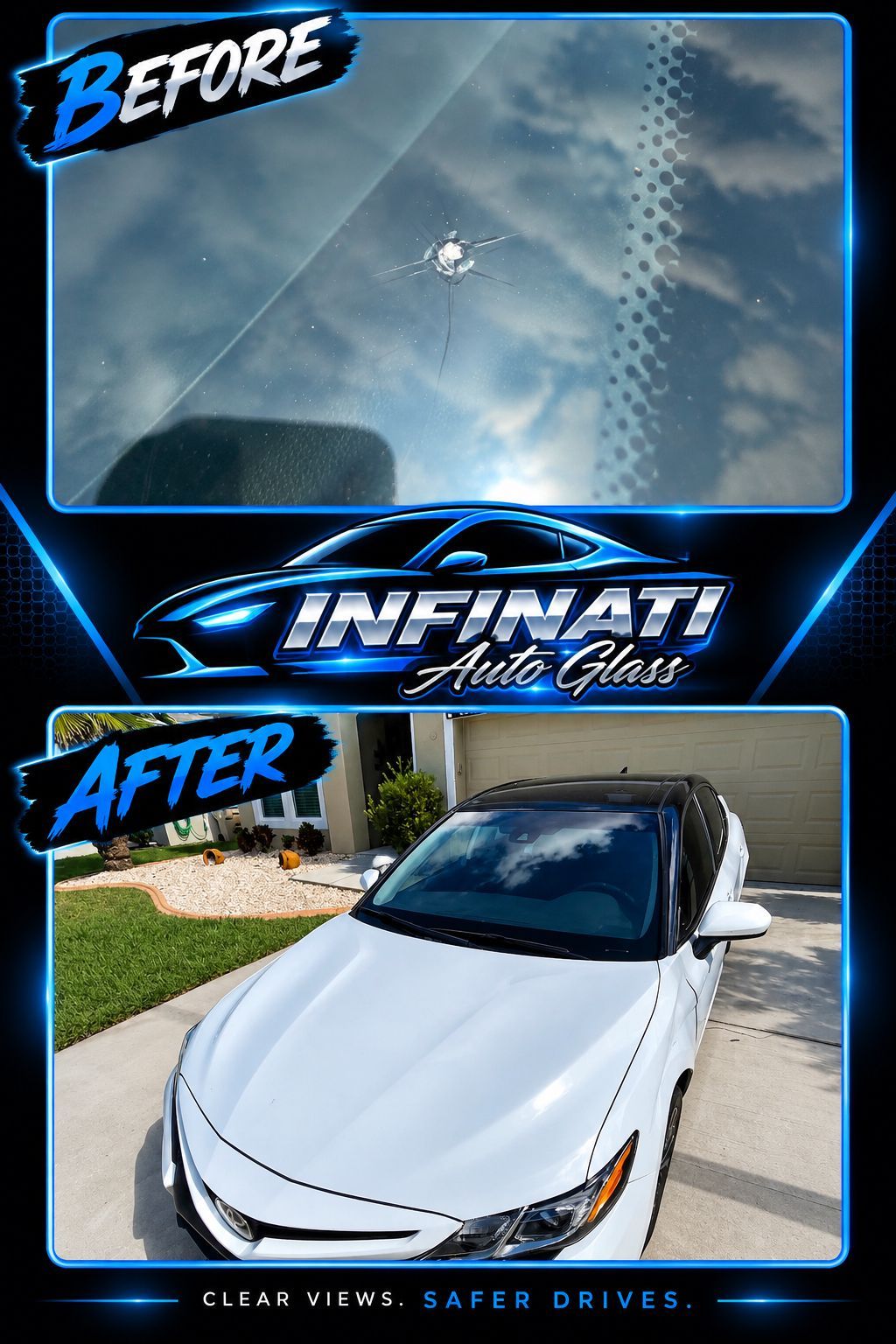 Before and after of a cracked windshield repair of a white and black sedan