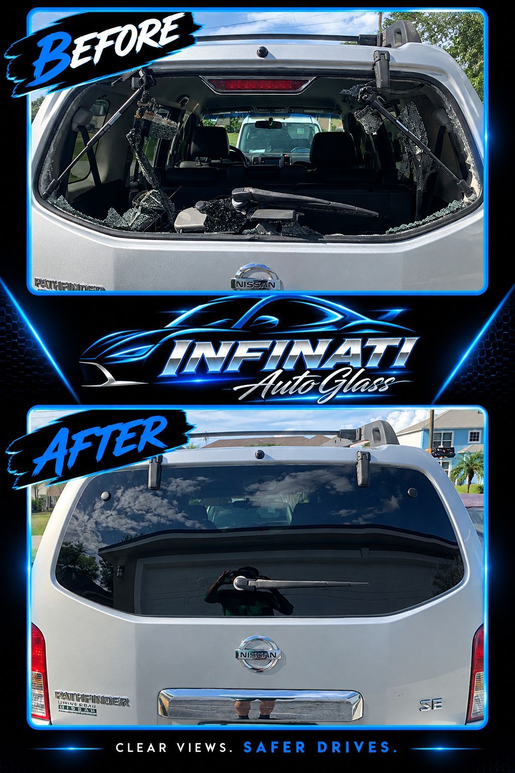 Before and after of a broken rear window