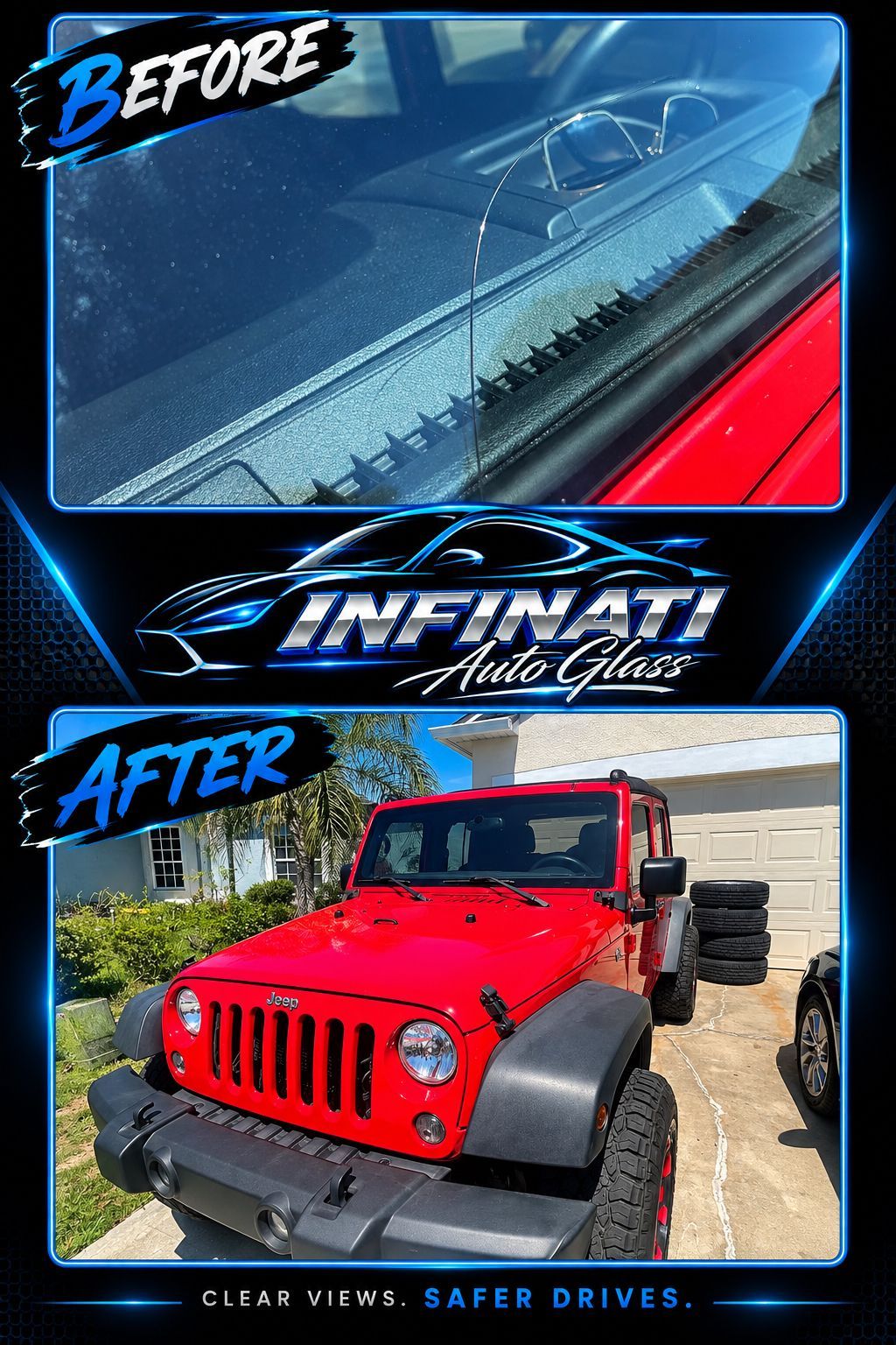 Before and after of a cracked windshield repair of a red Jeep