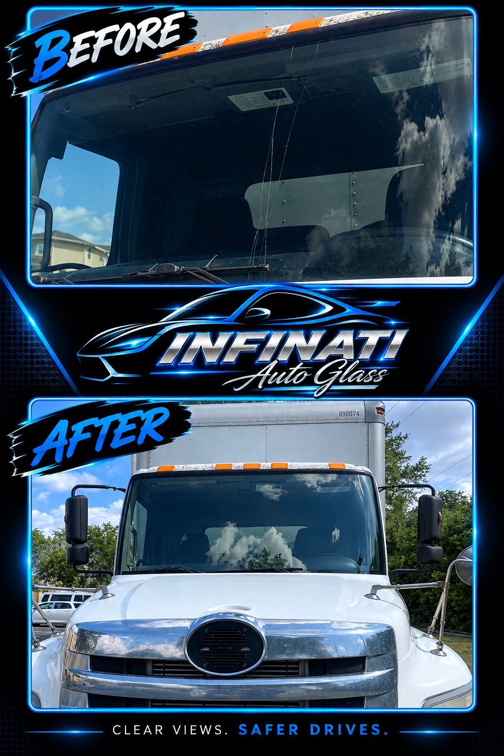 Before and after of a cracked windshield of a truck