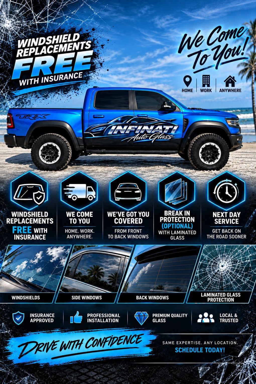 Blue SUV by the sea with “We Come To You” text and windshield replacement service details.