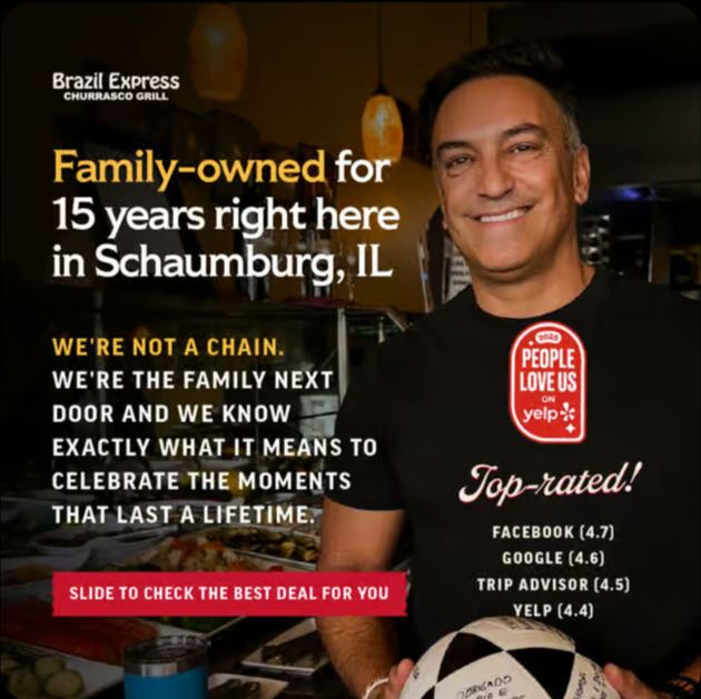 Brazil Express ad with smiling man, “Family-owned for 15 years” and review ratings in Schaumburg, IL