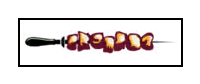 A skewer of purple and yellow glazed meat or vegetable pieces on a black handle