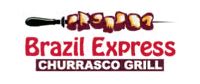 Brazil Express Churrasco Grill logo with skewer graphic and red and brown text