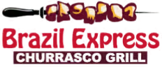 Brazil Express Churrasco Grill logo in red and black with a skewer graphic above the text