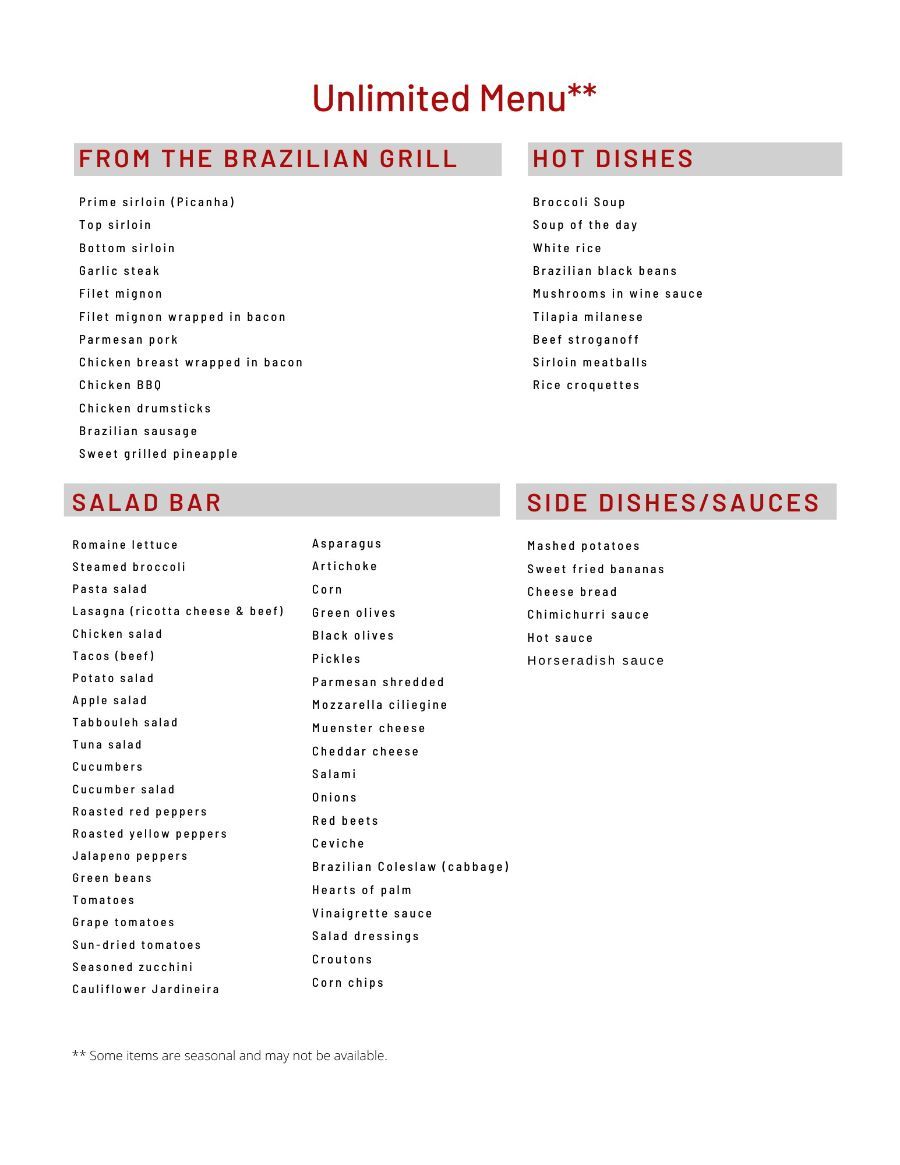 Restaurant menu page titled “Unlimited Menu” with lunch, salads, and side dishes sections in red and gray