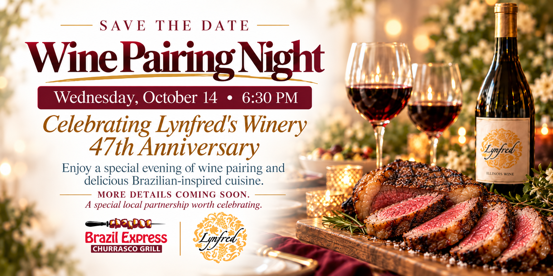 Wine Pairing Night invitation with wine glasses, steak, and a bottle.