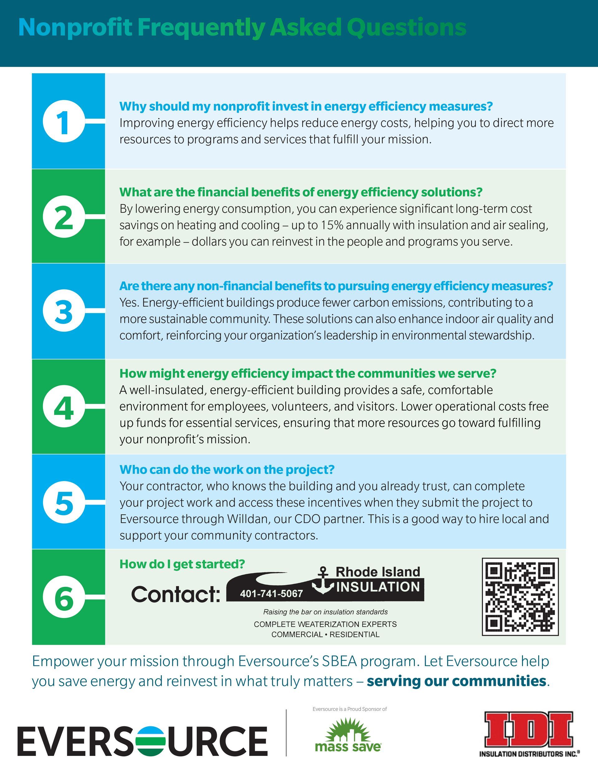 FAQ infographic for nonprofit organizations; blue/green design; Eversource logo and contact info.