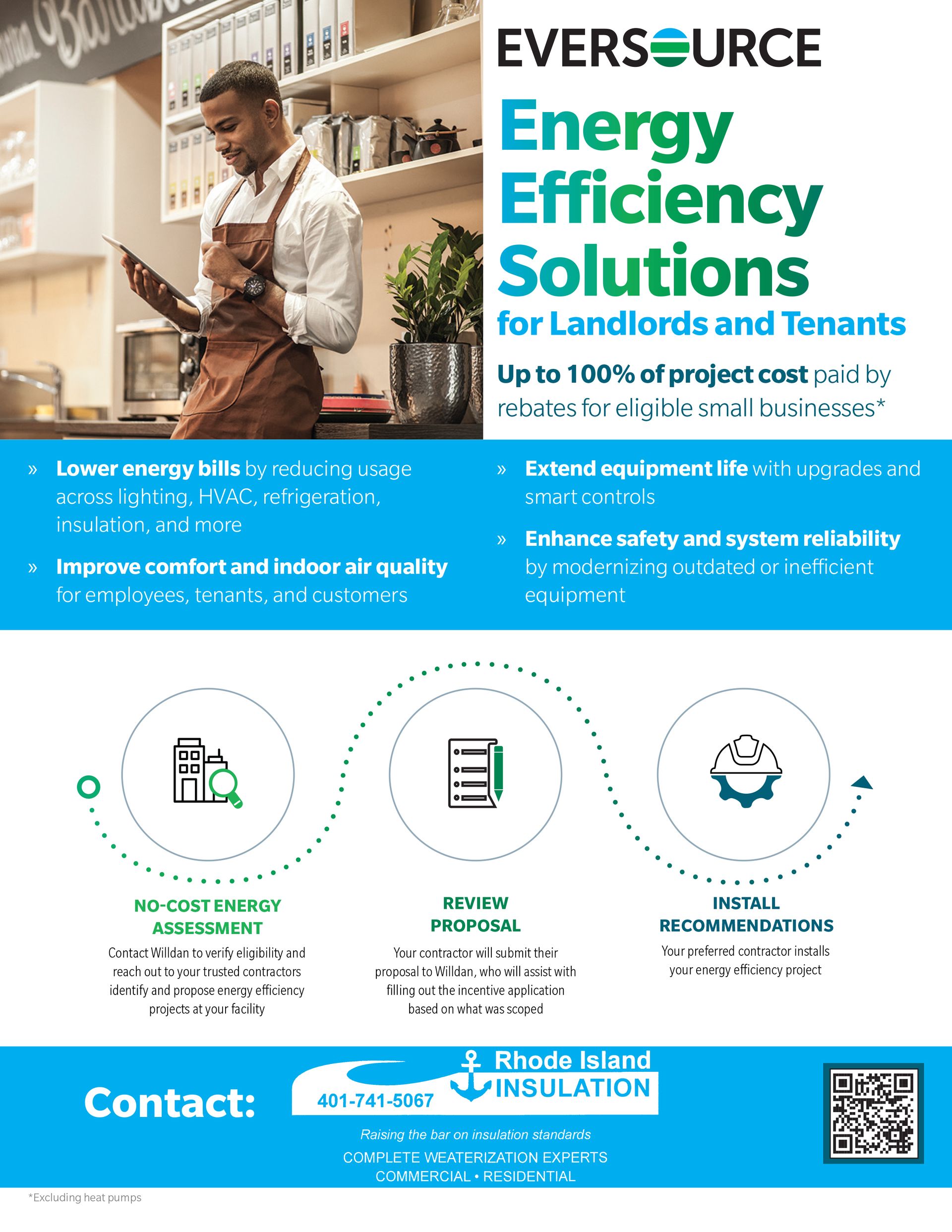 Eversource energy efficiency solutions advertisement. Offers savings, with a landlord using a tablet in a cafe.