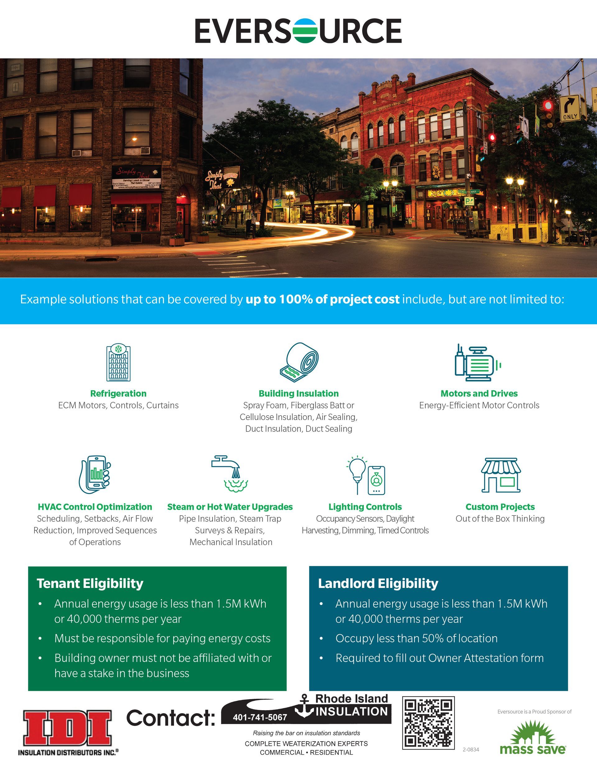 Eversource program ad: city scene, icons for energy savings, tenant & landlord eligibility details.