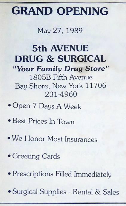 An advertisement for the grand opening of the 5th avenue drug and surgical store