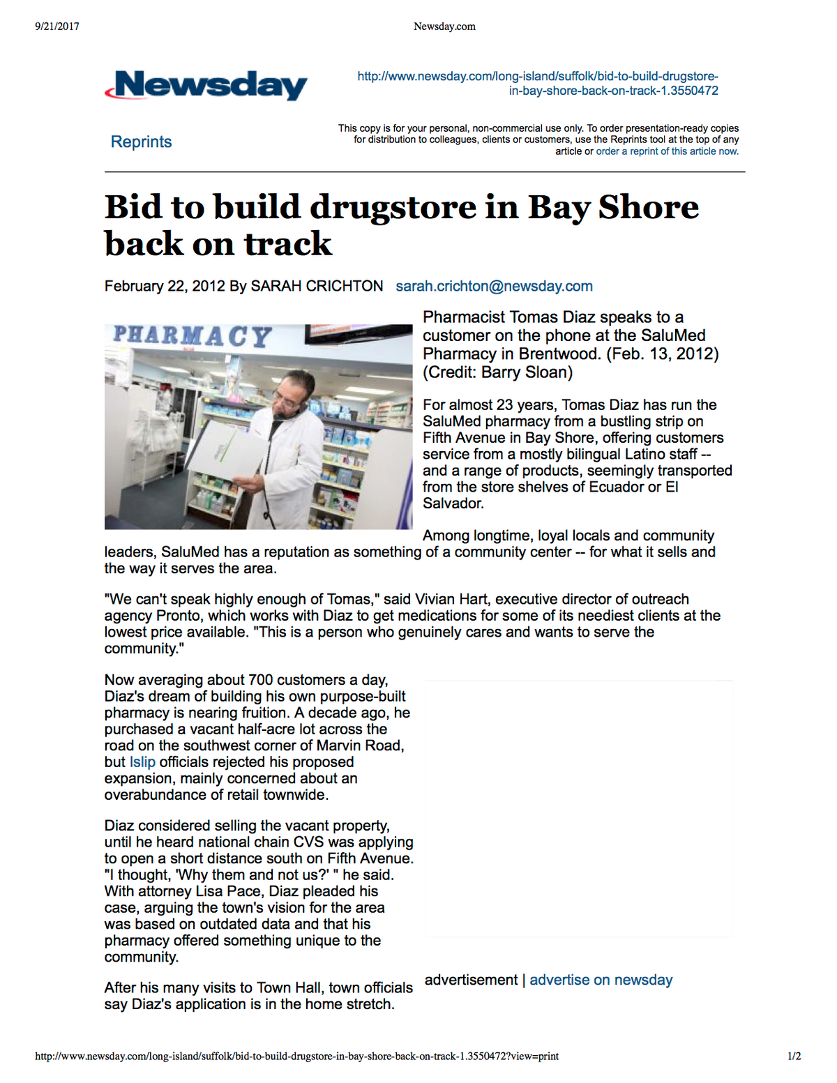 A newspaper article about a bid to build a drugstore in bay shore back on track.