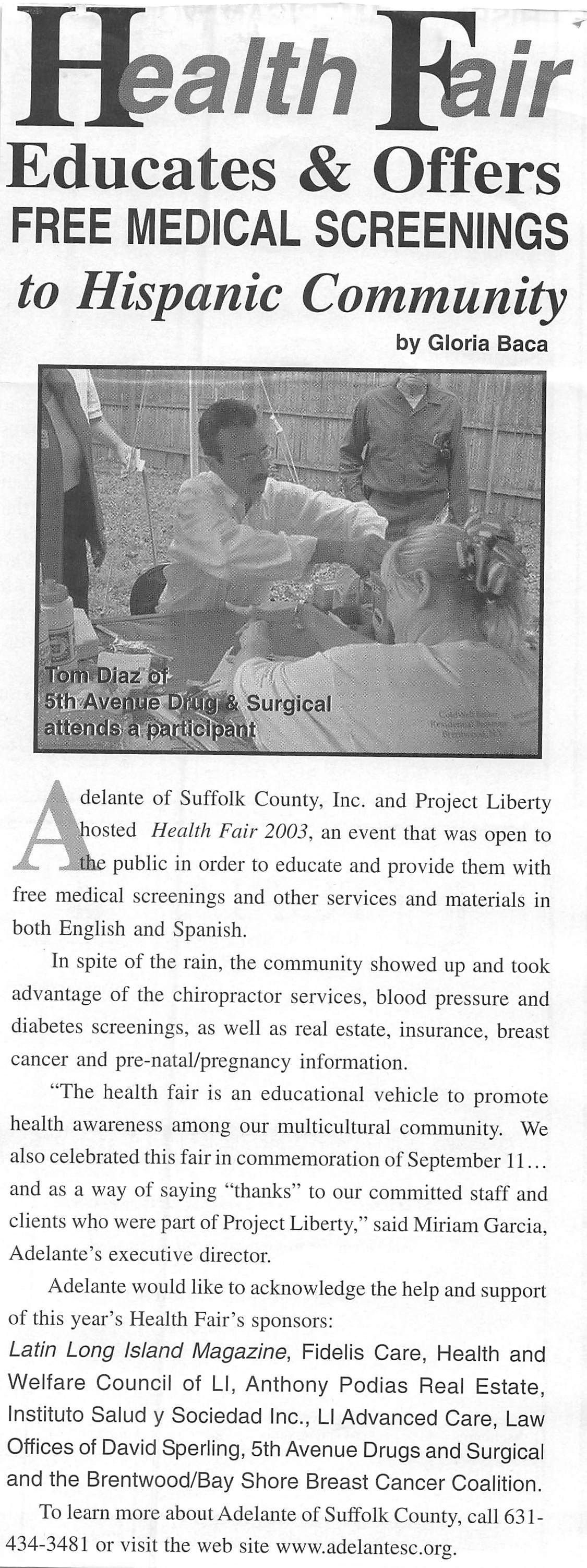 A newspaper article about the health fair educates and offers free medical screenings to hispanic communities