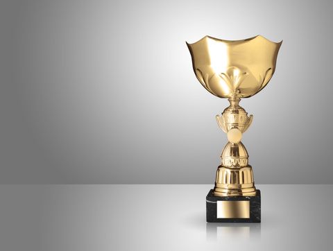 Gold trophy cup on a black base against a gray background