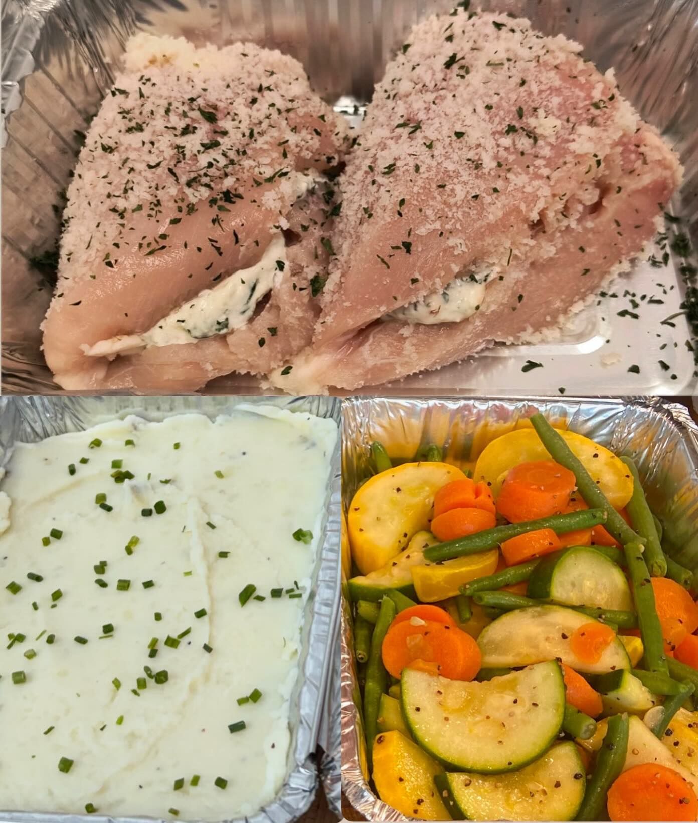 Prepared meal: stuffed chicken breasts, mashed potatoes, and mixed vegetables in foil containers.