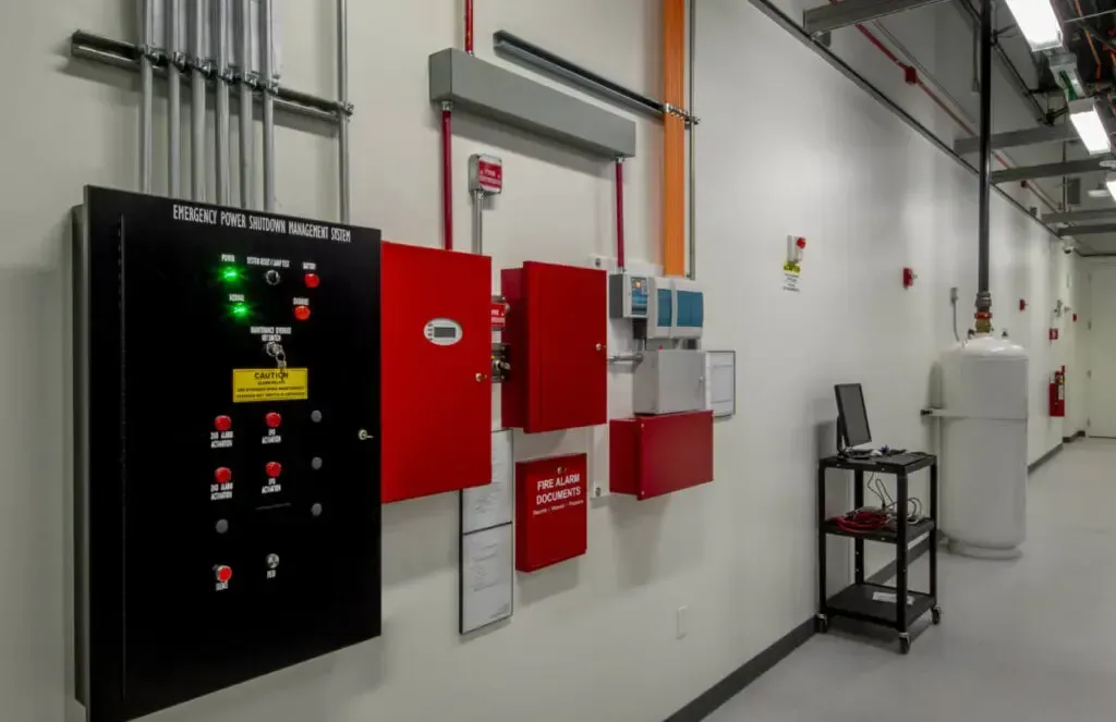A hallway with a lot of electrical equipment on the wall.