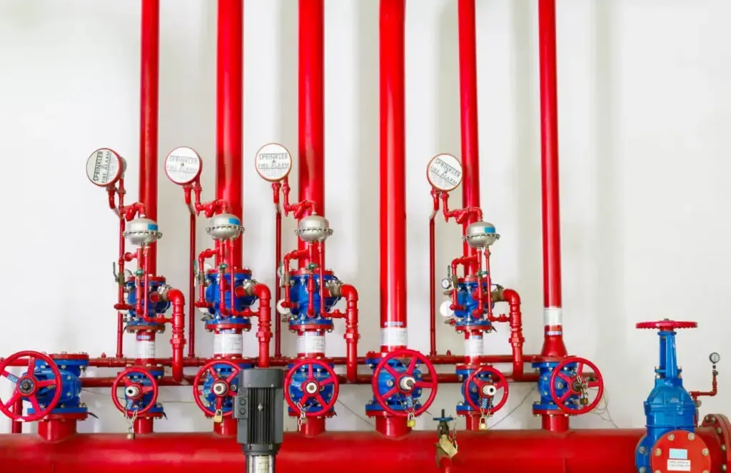 A row of red pipes and valves on a wall.