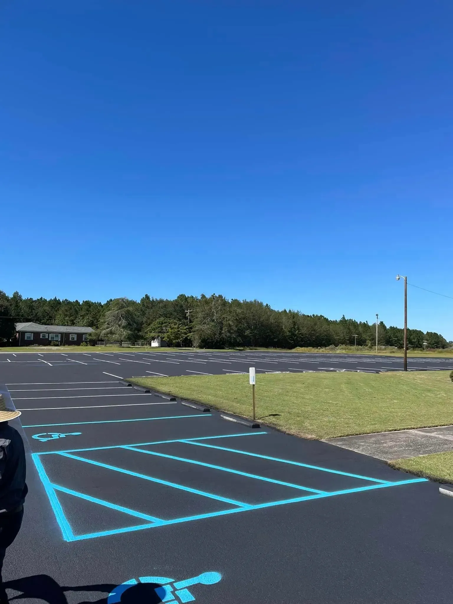 Empty parking lot with bright blue handicap spaces and a clear blue sky