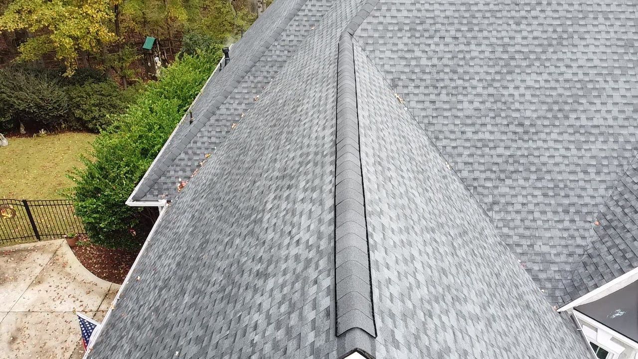 Overhead view of a gray asphalt shingle roof with a ridge cap, gutter, and green foliage visible.