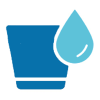 Glass of water with a water droplet next to it. Blue and white.