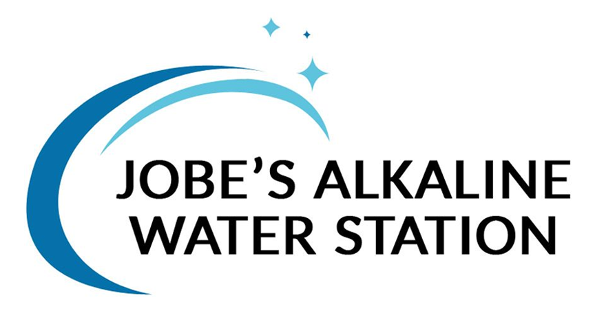 Logo for "Jobe's Alkaline Water Station" with a blue arc above the text and sparkling stars.
