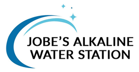 Logo for "Jobe's Alkaline Water Station" with a blue arc above the text and sparkling stars.