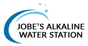 Logo for "Jobe's Alkaline Water Station" with a blue arc above the text and sparkling stars.