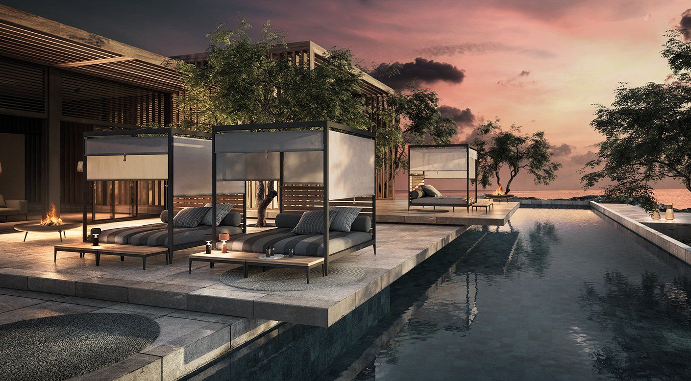 An artist 's impression of a house with a swimming pool and a patio area.