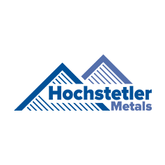Hochstetler Metals logo in blue and gray with stylized mountain peaks and bold text