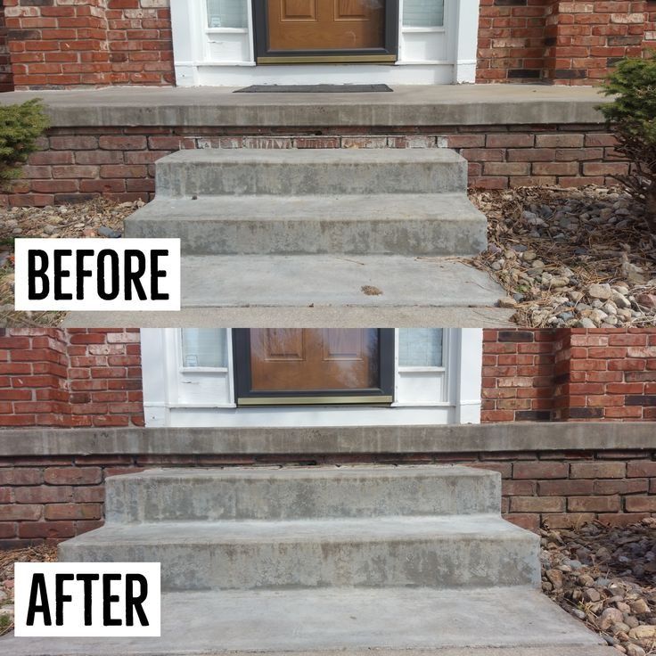 Comparison: concrete steps before and after cleaning. The steps lead to a brown door with a white frame.